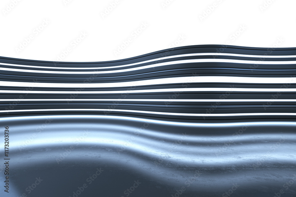 Obraz premium Abstract wavy lines and smooth reflective surface on a white background. 3D Rendering