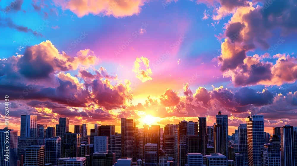 Fototapeta premium Stunning Sunset Over City Skyline with Dramatic Cloud Formation