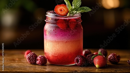 Layered berry smoothie in mason jar on wood bar with bokeh background for beverage menus photo