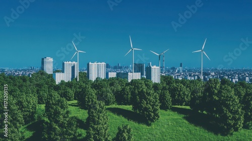 Urban Landscape with Wind Turbines and Lush Green Trees photo