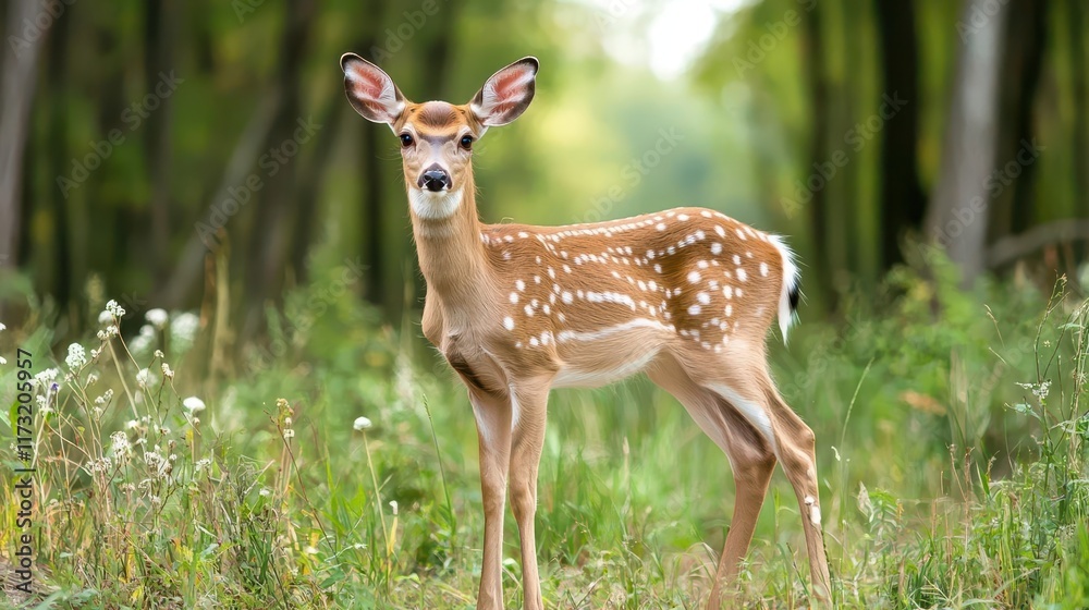A deer standing still in a forest clearing, its gaze calm and alert, patience, endurance, grace A deer standing still in a forest clearing, its gaze calm and alert, patience, endurance, grace
