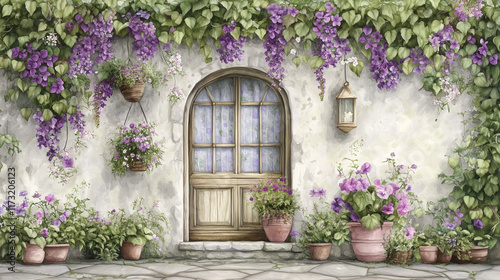 Watercolor door with purple flowers and greenery