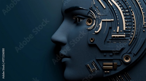 The Rise of AI:  A stylized portrait of an AI being, with intricate circuitry overlaying a human face. The blue tones evoke a sense of futuristic technology. photo