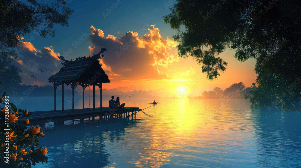 Serene Sunset Over Calm Waters with Rustic Pavilion and Silhouetted Figures Serene Sunset Over Calm Waters with Rustic Pavilion and Silhouetted Figures