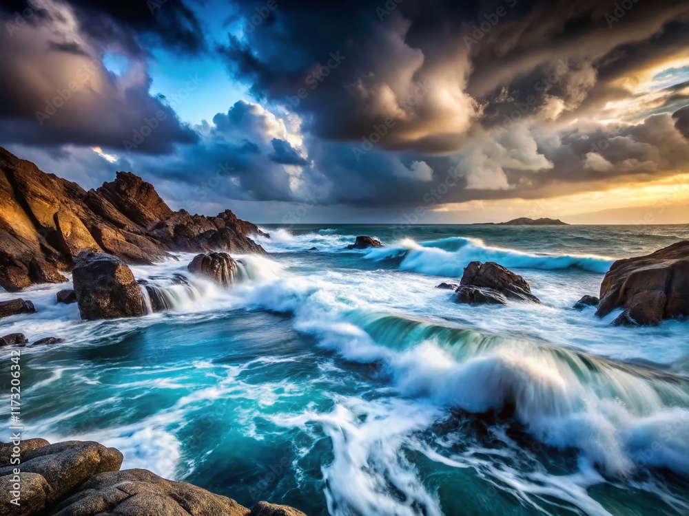 Dramatic Low Light Seascape: Moody Ocean Waves Crashing on Rocky Shore at Night Dramatic Low Light Seascape: Moody Ocean Waves Crashing on Rocky Shore at Night