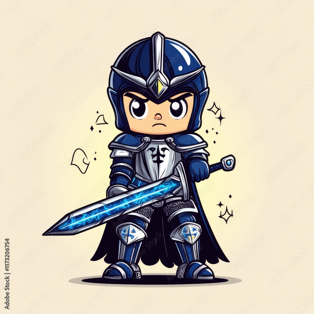 A chibi-style knight character wielding a glowing sword, dressed in blue armor and a cape. A chibi-style knight character wielding a glowing sword, dressed in blue armor and a cape.