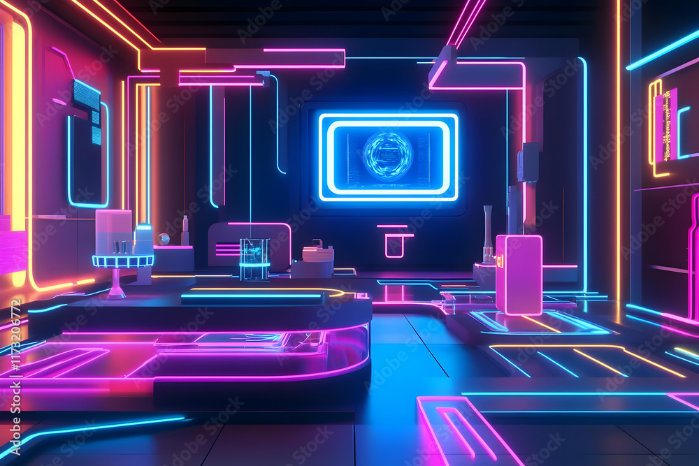 Obraz premium Neon retro futuristic room, vibrant colors, 80s style.