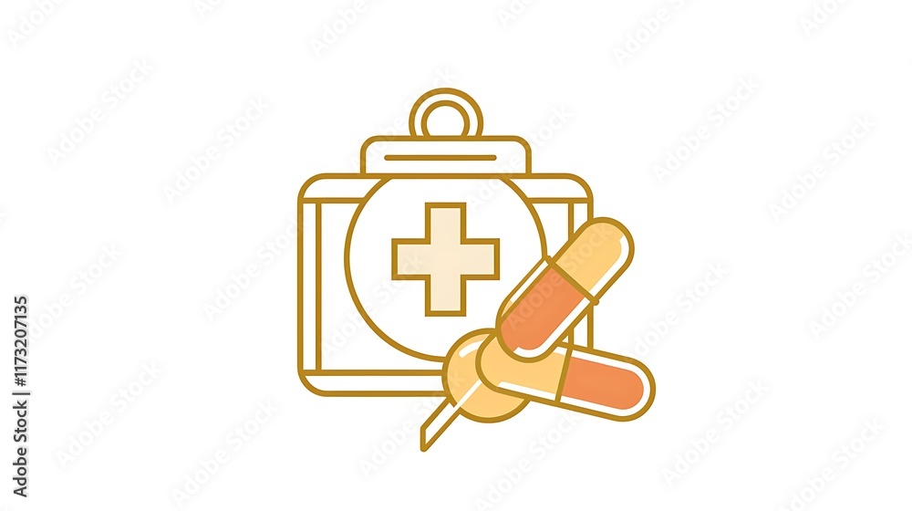 Outline of a safety pin icon next to a first aid pouch on a white background Outline of a safety pin icon next to a first aid pouch on a white background