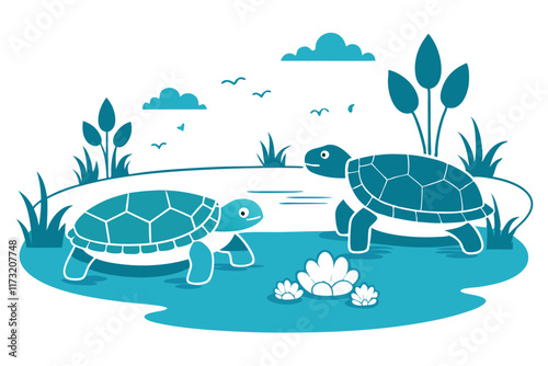 minimalist colourfull image Turtles' Pond Turtles playing in a pond K.eps