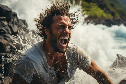 scene depicts forceful collision of ocean waves against a rugged shoreline showcasing contrasting strength of sea and unwavering stability of land photo