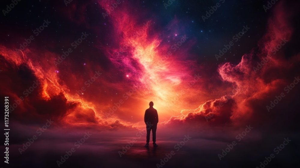 A lone figure stands in awe of a vast and vibrant nebula, the celestial canvas swirling with cosmic energy. A lone figure stands in awe of a vast and vibrant nebula, the celestial canvas swirling with cosmic energy.