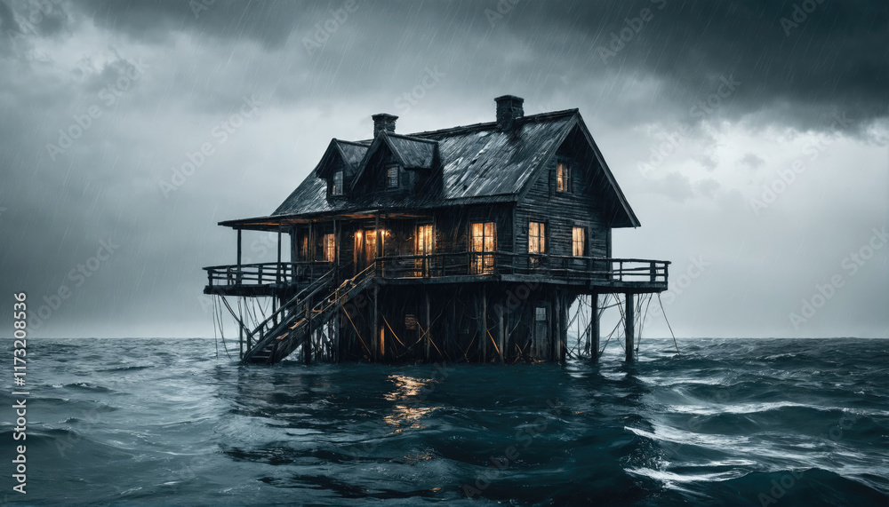 Mysterious wooden house stands alone on stilts amidst dark stormy waters under a moody sky at twilight