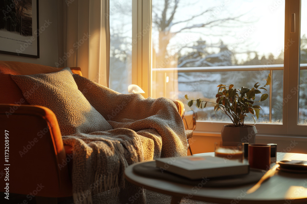 Fototapeta premium Cozy living room with orange couch, blanket, and sunlight