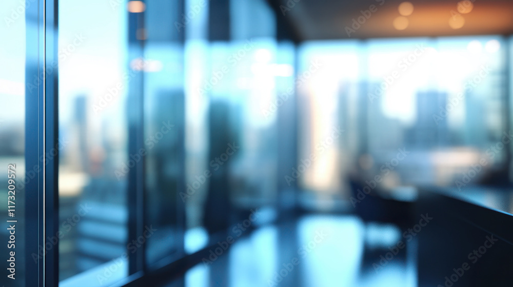 Modern office interior with city view and blurred background, creating serene atmosphere Modern office interior with city view and blurred background, creating serene atmosphere