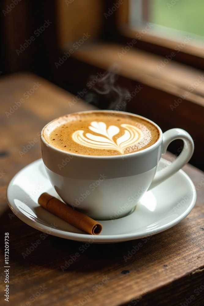 Cozy cup of coffee on wooden table with cinnamon and sugar, wood, dessert Cozy cup of coffee on wooden table with cinnamon and sugar, wood, dessert