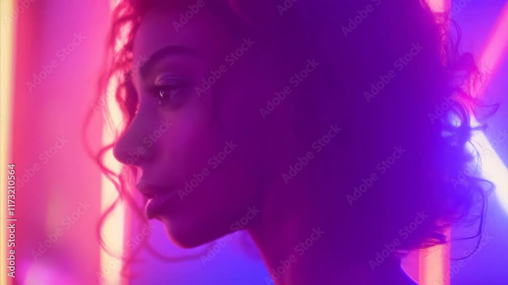 A womans face softly lit with vibrant neon colors, highlighting her curly hair and features A womans face softly lit with vibrant neon colors, highlighting her curly hair and features