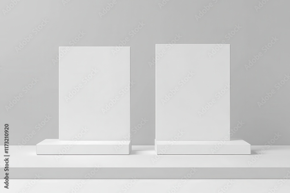 White display stand mockup for promotions, front and side views, clipping path. Blank pop-up exhibition template for marketing purposes White display stand mockup for promotions, front and side views, clipping path. Blank pop-up exhibition template for marketing purposes