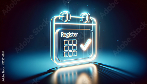Digital calendar icon with a glowing register tick for scheduling and events