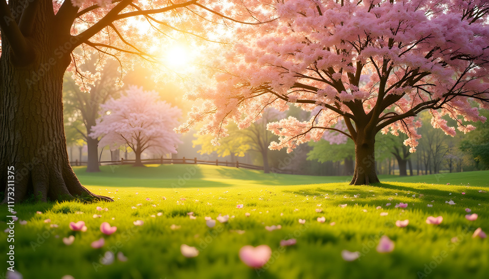 Fototapeta premium Nature scene with bright spring sunshine filtering through blossoming trees in a vibrant landscape