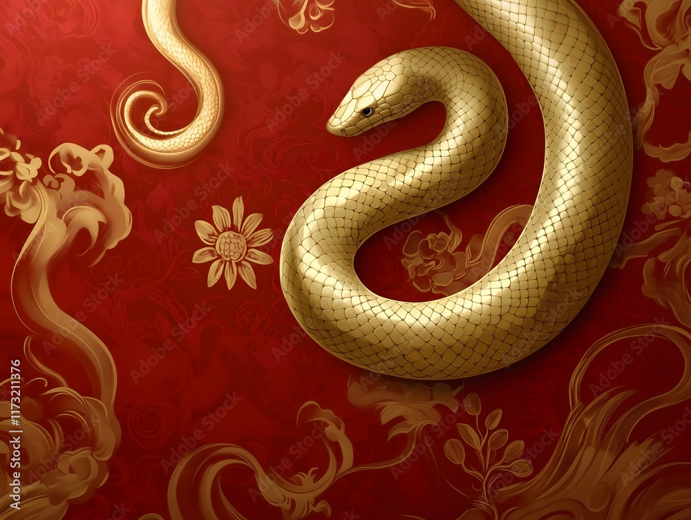 Fototapeta premium golden snake on red,chinese new year snake year 