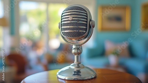 Vintage microphone on wooden table in a living room. photo