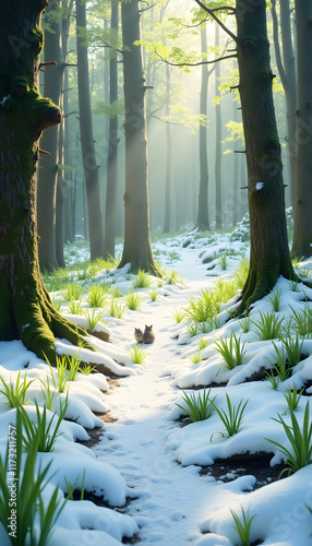 Thawing snow revealing fresh green shoots in a forest with soft light filtering through the trees