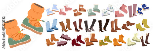 Flat Vector Illustration Set of Various Winter and Fashion Boots