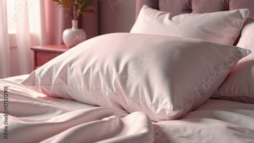 Luxurious pink pillows in satin, silk pillowcases on a wide bed. Bedding and accessories. Cozy home textiles photo