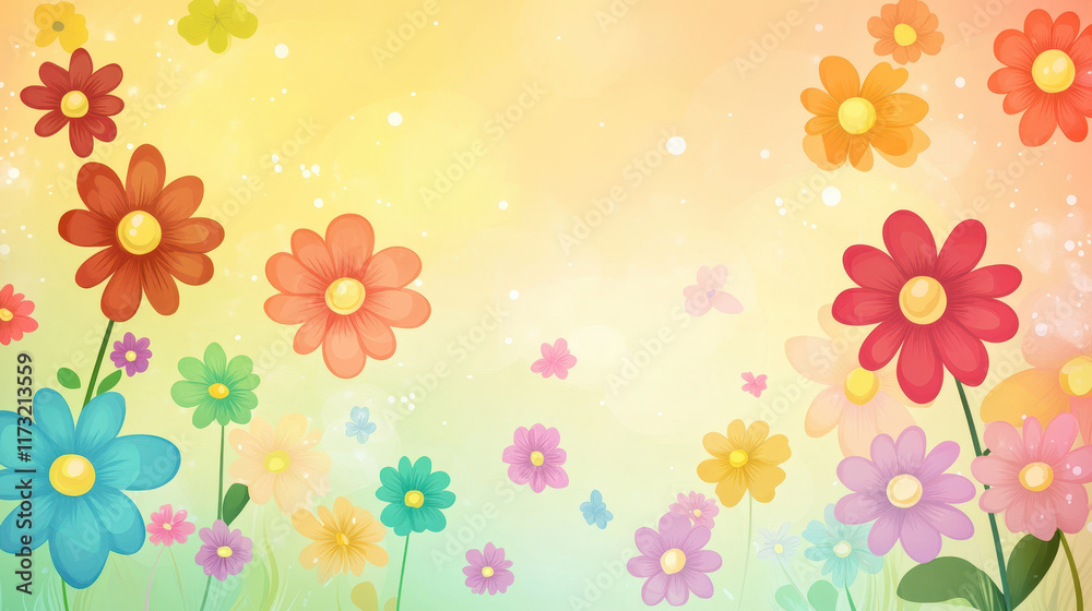 Rainbow Meadow: A vibrant illustration of colorful flowers in a sun-drenched meadow, perfect for spring, summer, or any project needing a cheerful and bright touch.