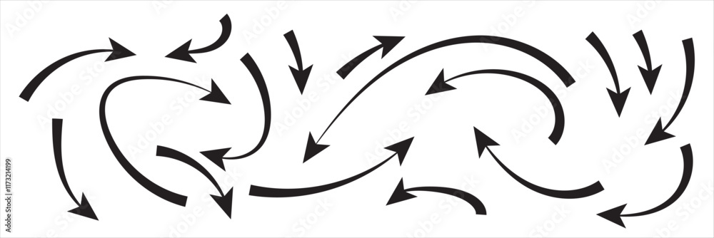 Colored hand drawn arrows on white background, Drawn  Thin arrows.