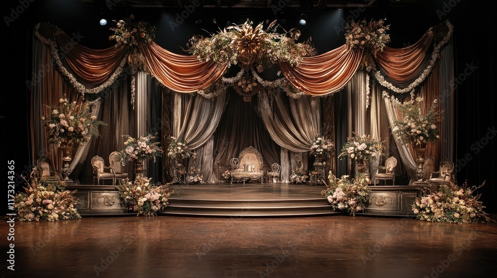 Fototapeta premium Elegant Grand Stage with Floral Decorations and Soft Drapery