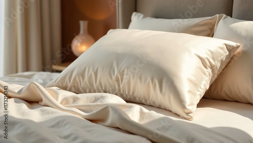Luxurious beige pillows in satin, silk pillowcases on a wide bed. Bedding and accessories. Cozy home textiles