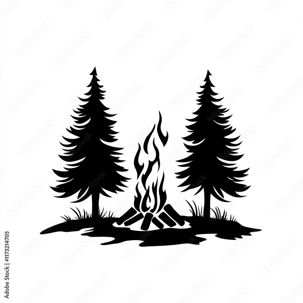 Obraz premium Campfire Between Two Majestic Pine Trees
