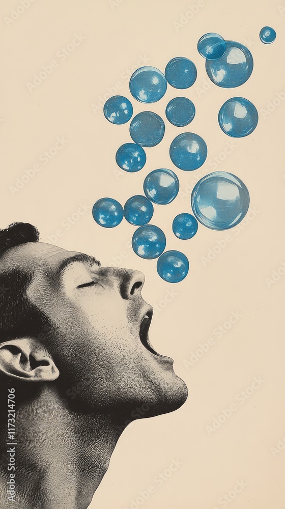 Minimalist collage, side view of a man's head with an open mouth and blue bubbles flying out from it on a beige background Minimalist collage, side view of a man's head with an open mouth and blue bubbles flying out from it on a beige background