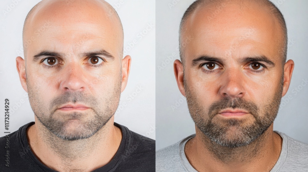 Before and after views of successful hair restoration treatment. Transformation showcasing renewed confidence and improved appearance through advanced medical solutions. Before and after views of successful hair restoration treatment. Transformation showcasing renewed confidence and improved appearance through advanced medical solutions.