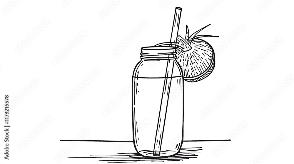 Obraz premium Outline of a coconut water bottle with a straw on a white background