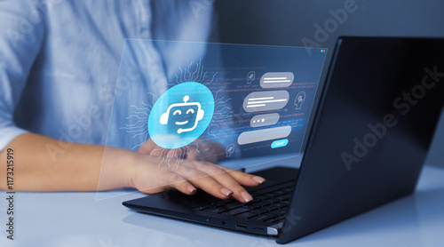 Chat bot  service concept. Virtual assistant and CRM software automation technology. Customer using online service with chat bot to get support.