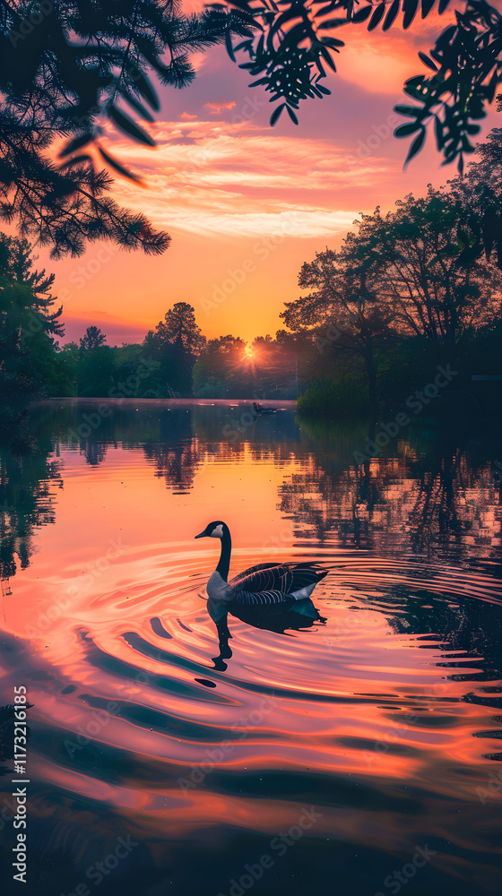 Serene Sunset Glide: Majestic Goose Gliding Across a Tranquil Lake during a Beautiful Sunset Serene Sunset Glide: Majestic Goose Gliding Across a Tranquil Lake during a Beautiful Sunset