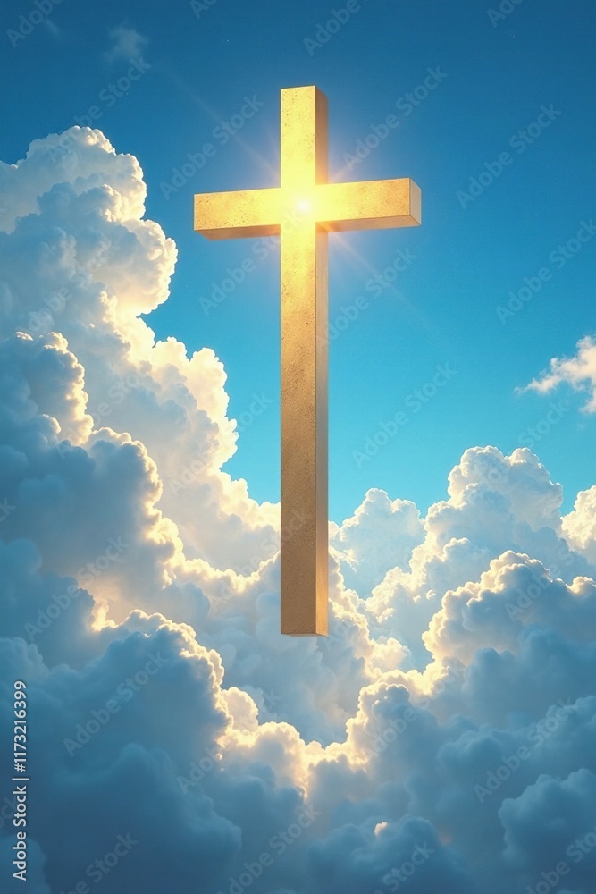 Golden cross at the sky with fluffy white clouds, heaven, light Golden cross at the sky with fluffy white clouds, heaven, light