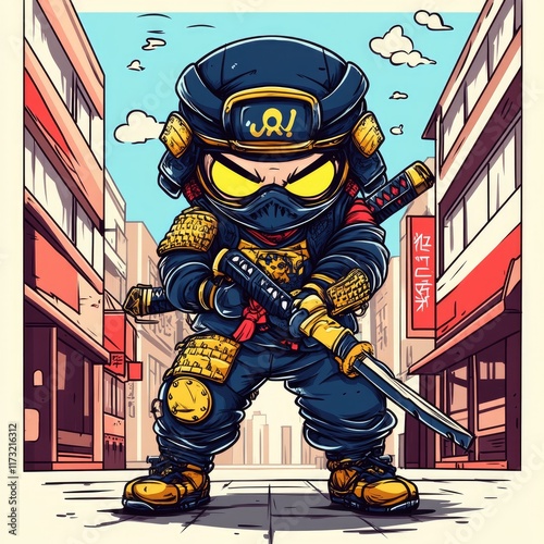 A stylized cartoon ninja character stands in a city street, wielding a sword. photo