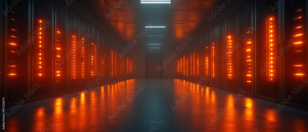 Fototapeta premium Glowing server room corridor.
