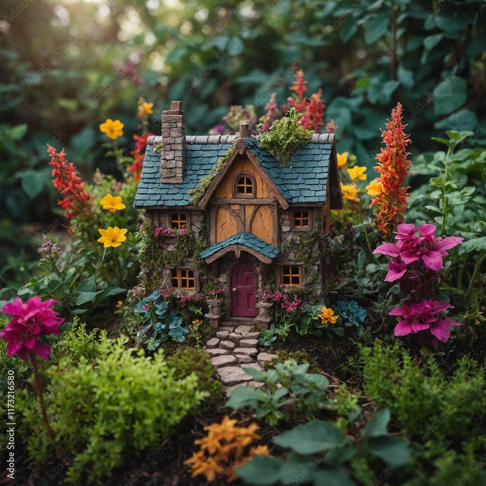 A tiny fairy house nestled among colorful plants. A tiny fairy house nestled among colorful plants.