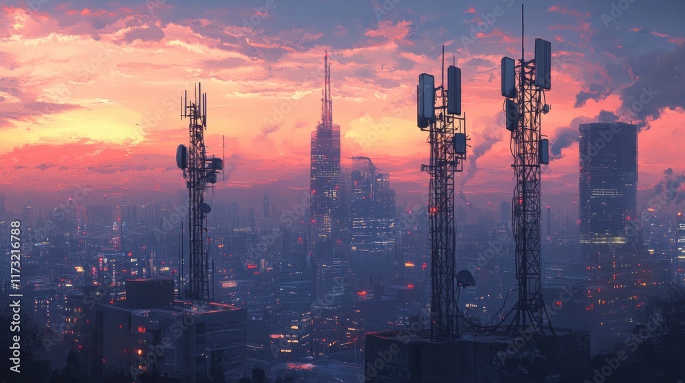Vibrant City Skyline with Communication Towers at Sunset Vibrant City Skyline with Communication Towers at Sunset