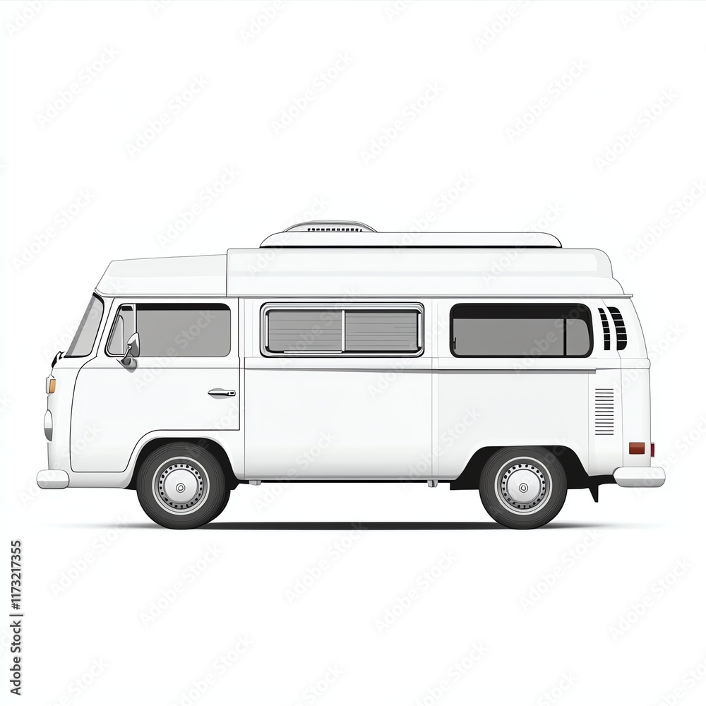 Classic white camper van, side view, isolated on a white background. Classic white camper van, side view, isolated on a white background.