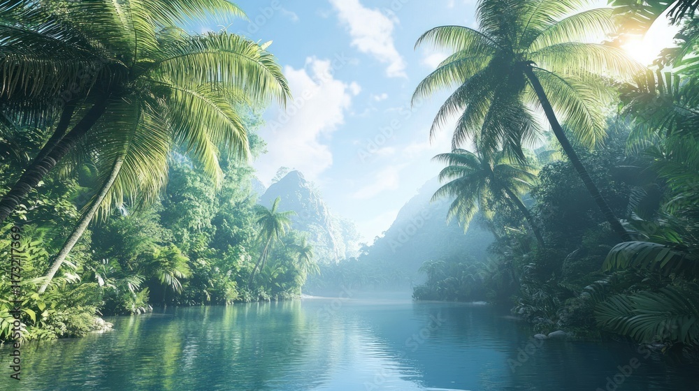 Serene Tropical River Paradise: Lush Greenery, Calm Waters, and Majestic Mountains Serene Tropical River Paradise: Lush Greenery, Calm Waters, and Majestic Mountains