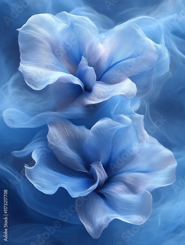 Two delicate light blue flowers on sheer fabric.