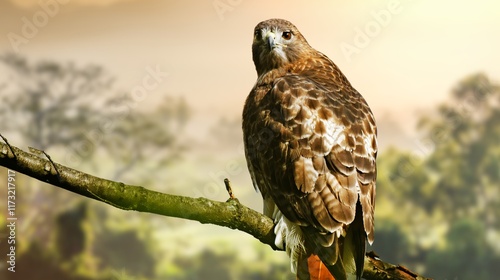 Red tailed hawk resing on tree top, Red-tailed Hawks are large hawks with typical Buteo proportions: very broad, rounded wings and a short, wide tail.Close up Red-tailed hawk.