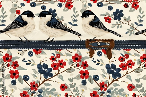 Colorful bird and floral pattern featuring detailed illustrations on fabric for decorative use