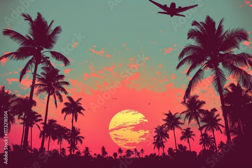 Vibrant sunset over palm trees with airplane flying in a clear sky