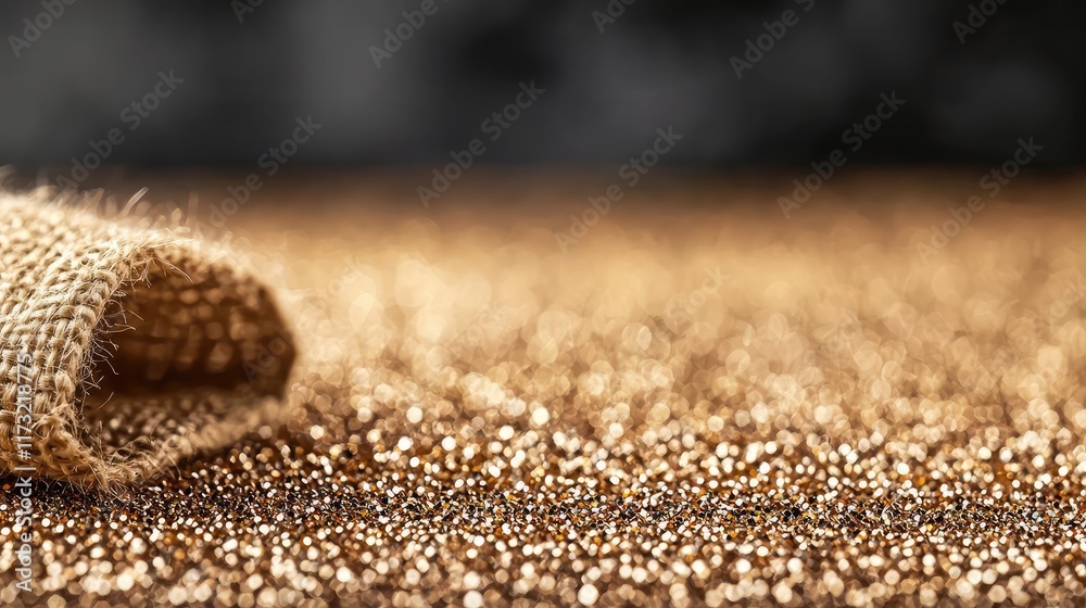 Glitter abstract background idea. Close-up of burlap fabric over a sparkling golden surface, creating a festive atmosphere. Glitter abstract background idea. Close-up of burlap fabric over a sparkling golden surface, creating a festive atmosphere.